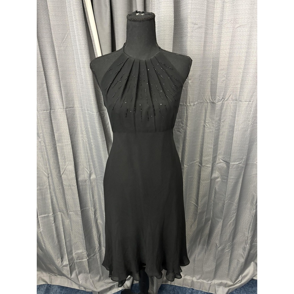 VTG Y2K Nine West Silk Beaded Halter Ruffle Hem Dress Womens 2 Black Whimsigoth‎